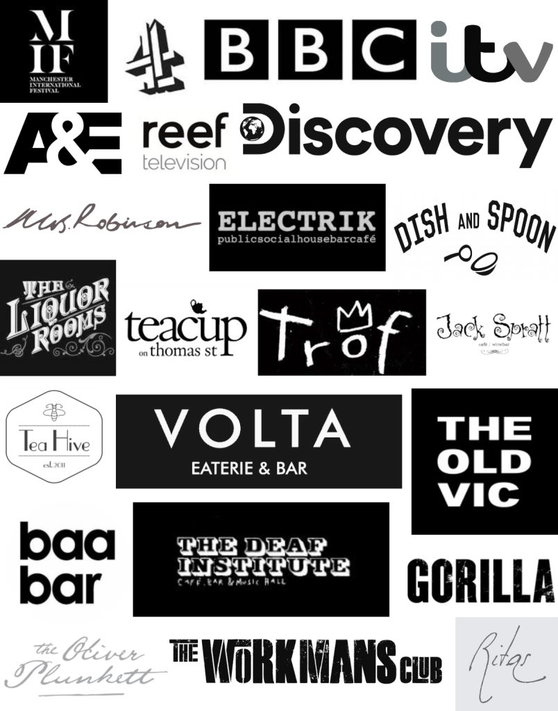 Logos of Planet Vintage Girl clients, including television networks, such as the BBC and ITV, restaurants, and bars.